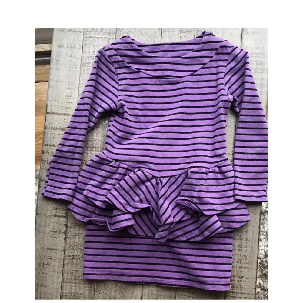 Joah love Girls dress 2 stripes purple peplum ruffle 100% cotton Long Sleeves